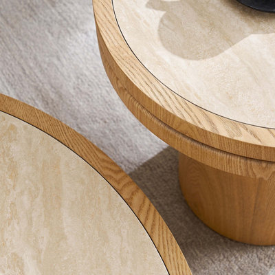 Ensemble de 2 tables basses en pierre frittée avec piédestal robuste en bois aggloméré pour le salon, la chambre à coucher, la salle de réception et l’appartement