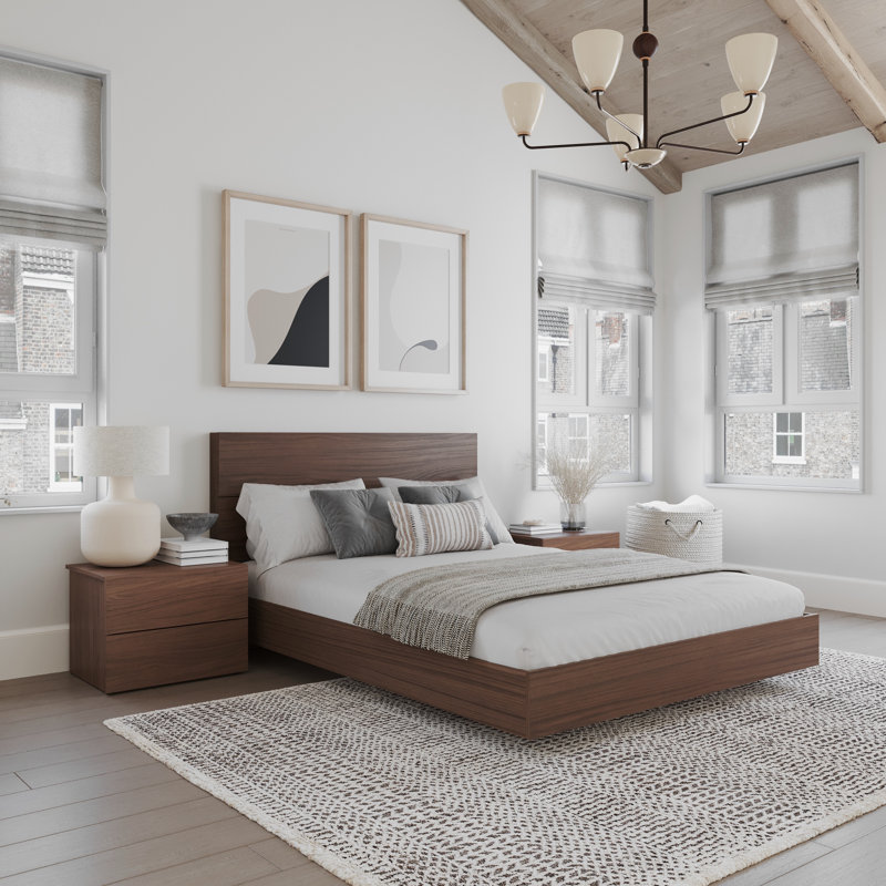 Ensemble de chambre à coucher avec lit plateforme 3 pièces Milo, Grand, Noyer