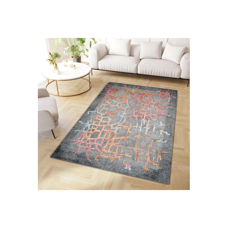 Tapis décoratif gris à motif tissé coloré abstrait lavable à la machine, Sous-tapis rectangulaire de 3 pi 3 po x 4 pi 11 po