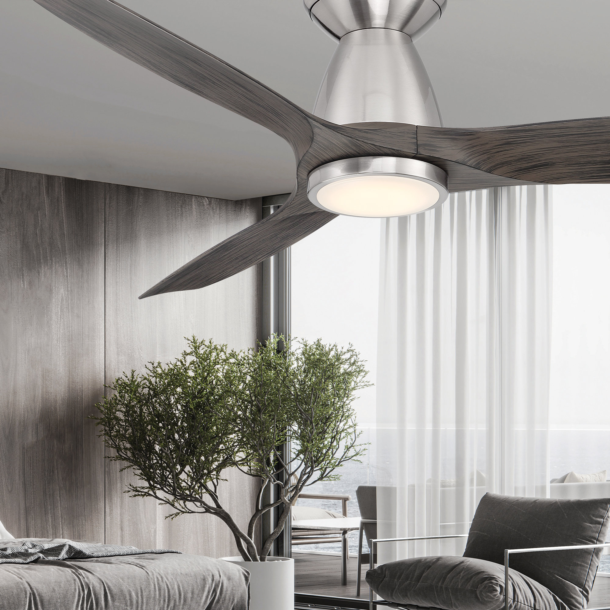 Skylark 54" 3 - Blade Outdoor LED Smart Flush Mount Ceiling Fan with Remote Control and Light Kit Included , Brushed Nickel