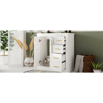 Meuble-lavabo de 30 po avec lavabo en céramique, structure en bois massif, style rétro, charnières à fermeture en douceur, 3 tiroirs, grand espace de rangement, poignée en métal exquis, planches, glissière de tiroir lisse, rainure unique