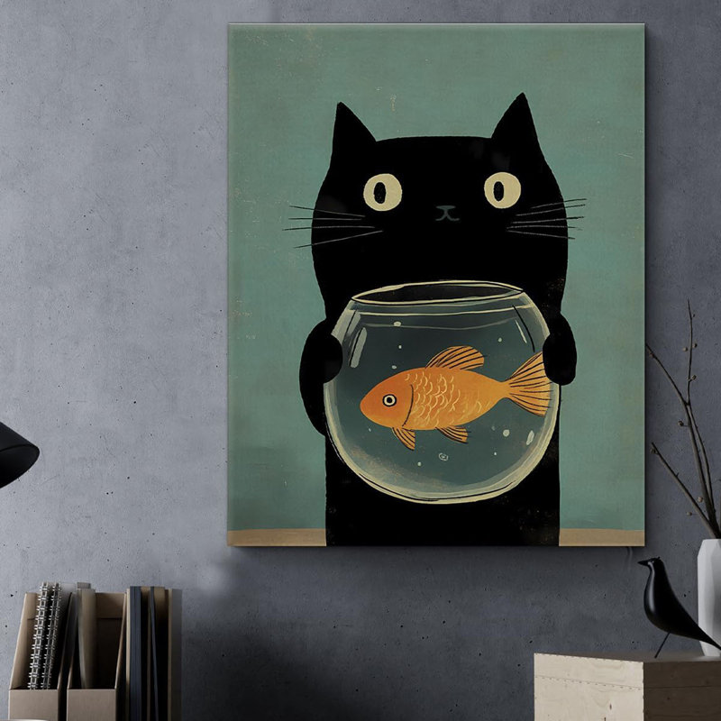 Chat, art mural drôle, chat et poisson, reproduction sur toile, affiche, peinture encadrée, décorations murales pour la maison, bureau, décor, 8 x 10 pouces