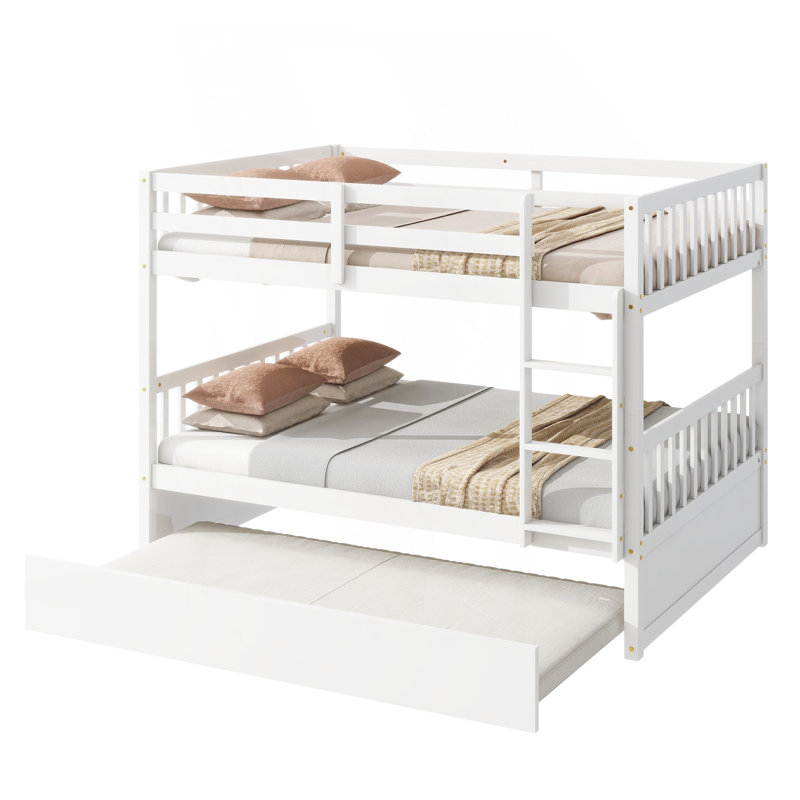 Full Over Full Rubber Wood Bunk Bed With Trundle, Ladder And Guardrails, Convertible To 2 Full Size Beds, With Twin Size Trundle,White