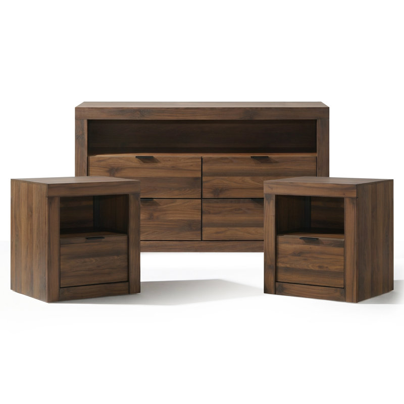 Table de chevet et commode 3 pièces Hildebran Trinidad, Brun
