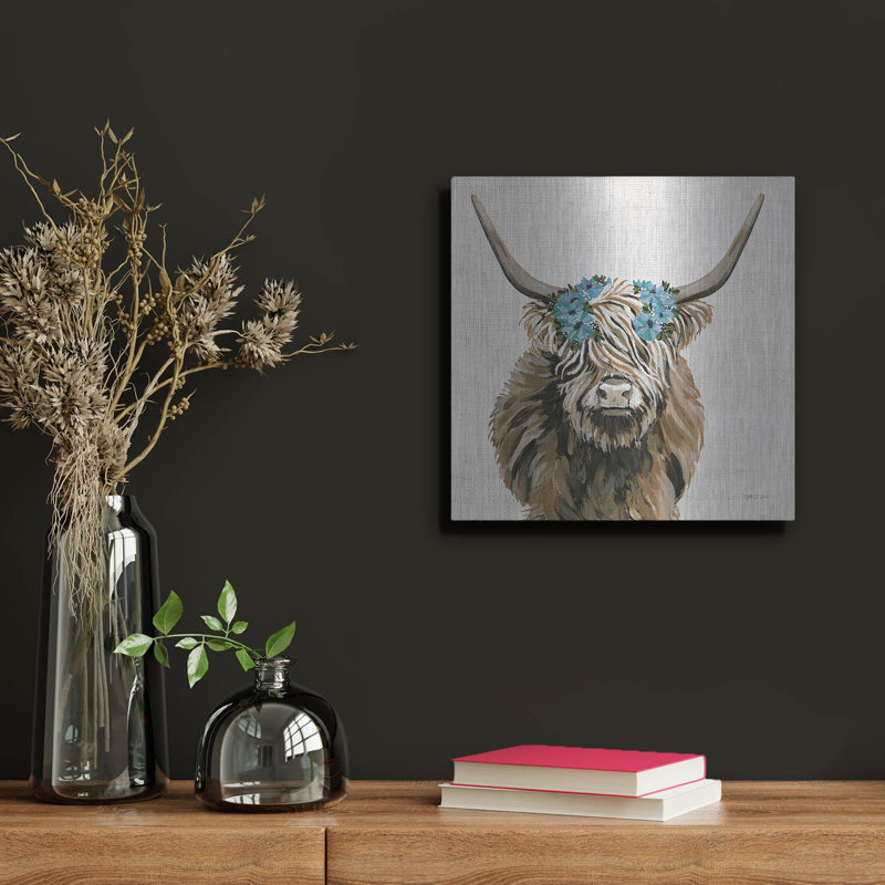 Art mural en métal luxueux «Harvest Cow Floral Linen Sq» par Yvette St. Amant, 12 po x 12 po