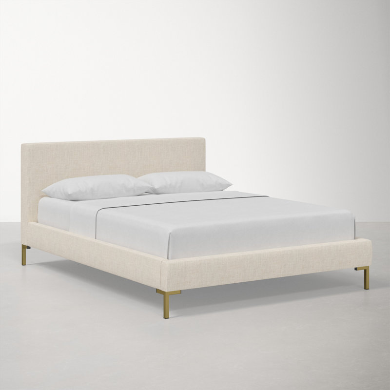 Lit tapissier Rand, Simple, Laiton, Lin classique talc