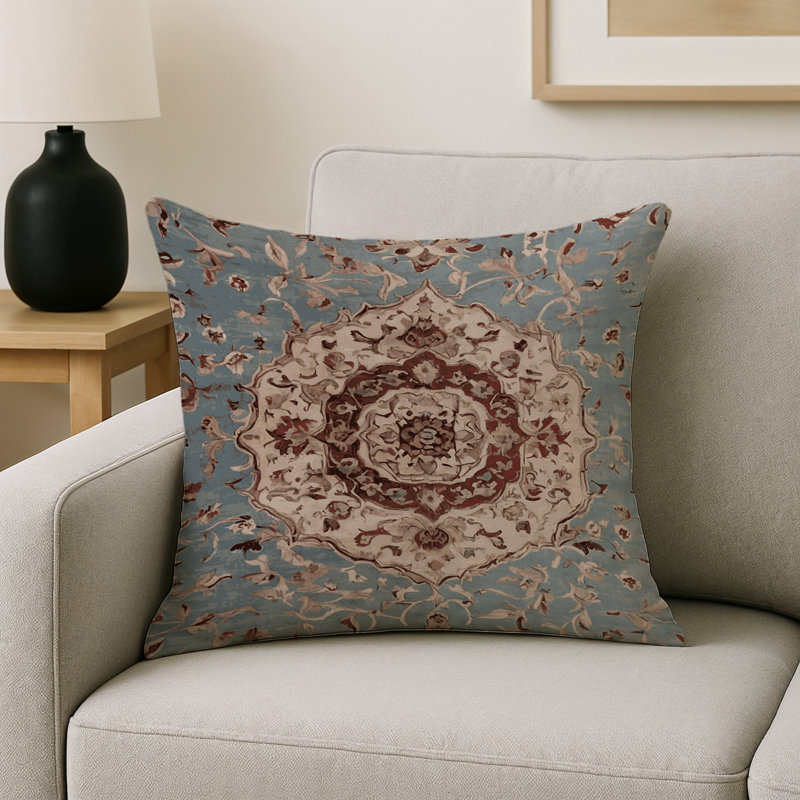 Coussin décoratif intérieur et extérieur Modern, Sarcelle / bourgogne / ivoire damassé, Carré 20 po