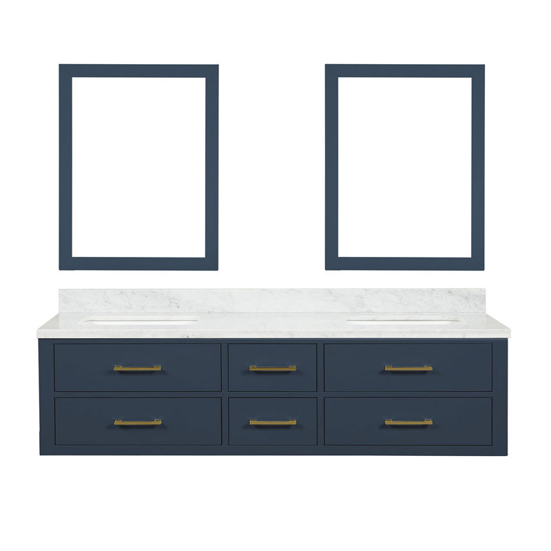 72" Wall-Mounted Double Bathroom Vanity Set with Mirror, White Carrara Marble, Blue