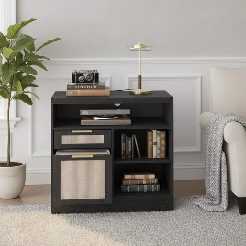 32” Rattan 2 Drawer Lateral Filing Cabinet With Lock, Charging Station & Storage For Home Office, Natural Wood, Rattan