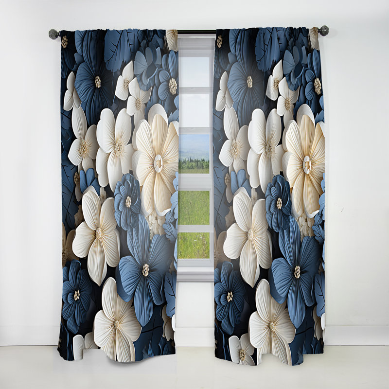 Blue And White Adorned Violets - Violets Room Darkening Floral Curtain - 1 Panel, L 52 po x L 84 po