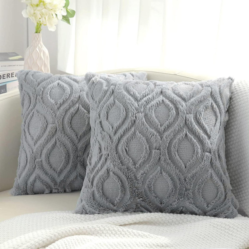 Decorative Throw Pillow Covers 24X24 Set Of 2, Soft Plush Faux Wool Couch Pillow Covers, Green, Gray