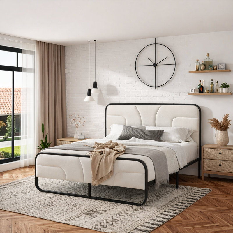 Nelsie Upholstered Platform Bed with Velvet Tufted Headboard,White Fabric,Black Frame, Full, White