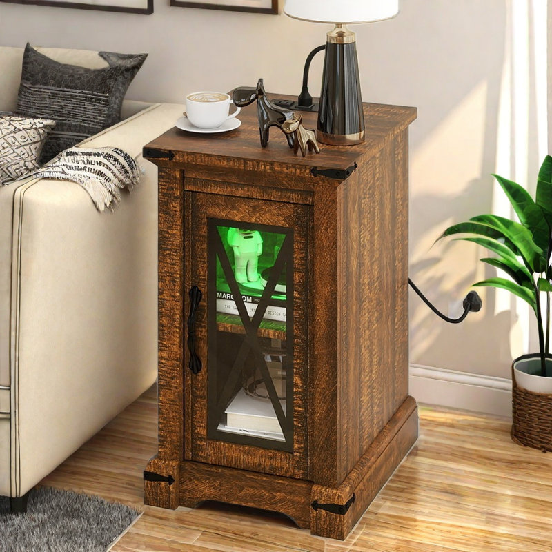 Camilia Block 23.5'' H Farmhouse End Table with Charging Station & LED Lights, Walnut