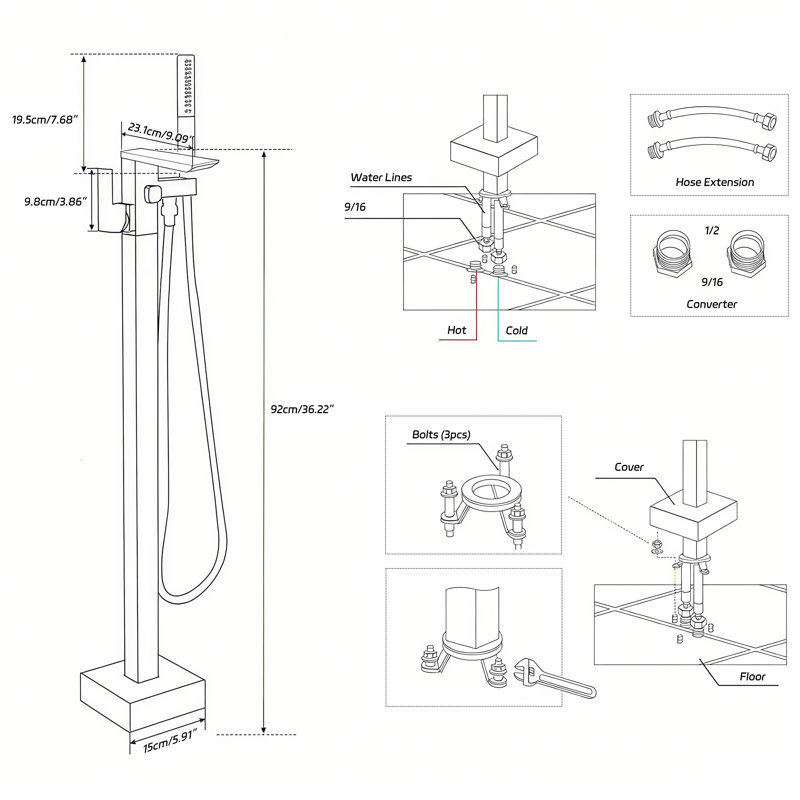 Robinet de baignoire autoportant, Chrome poli