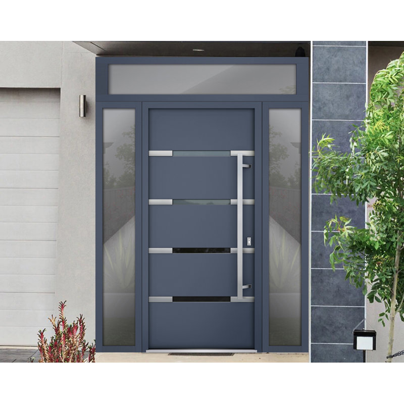Porte avant en acier pré-suspendue à l'avant / deux graphites gris 1105/2 fenêtres extérieures latérales et supérieures / inserts en acier inoxydable peints simples modernes - l 12 + 36 + 12 po x H 80 + 16 po - Gauche