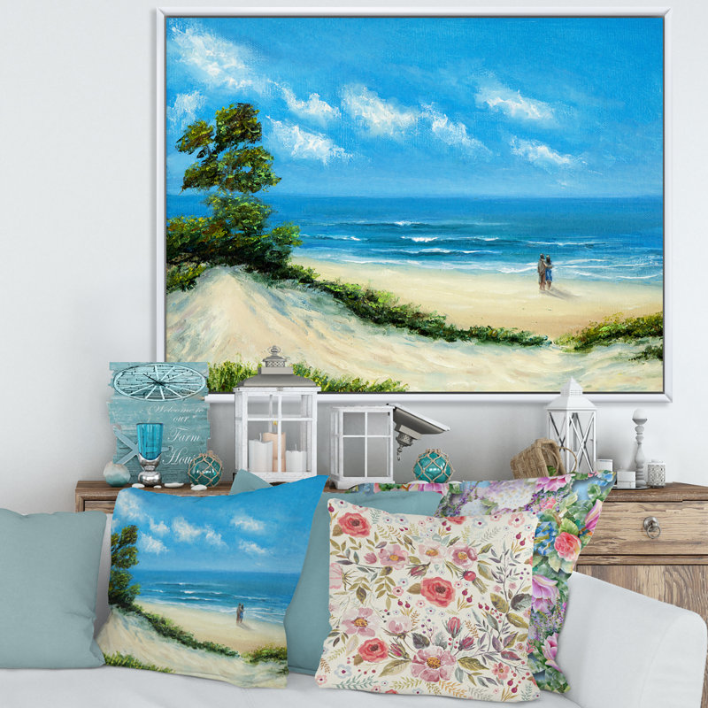 Couple à la plage - peinture sur toile, H 12 po x l 20 po x p 1 po, Cadre flottant blanc