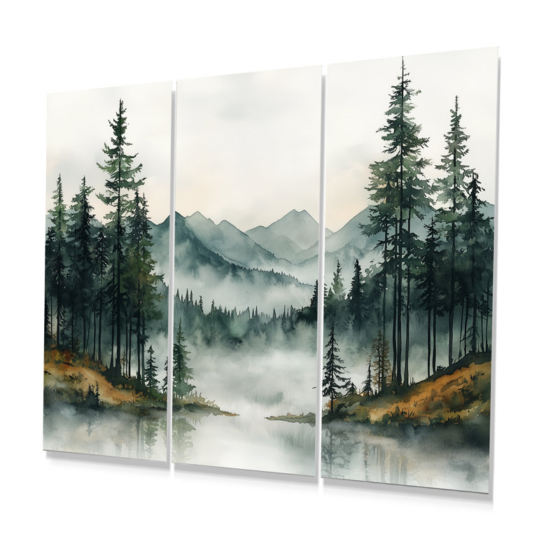 «Green Pine Trees Mist Morning I», ensemble d'art mural pin, Métal métal, H 32 po x l 48 po x P 1 po