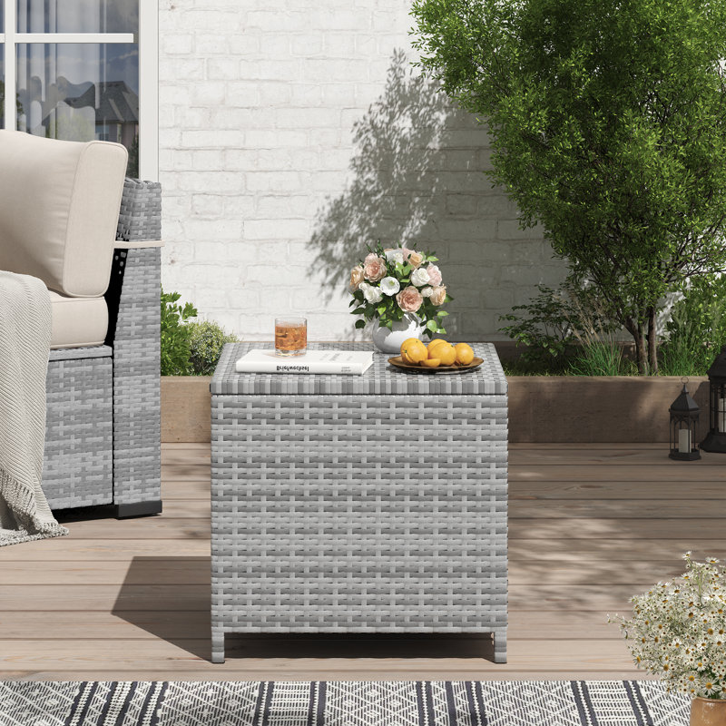  Alexandia Outdoor Square Rattan Wicker Side Table With Storage, Gray