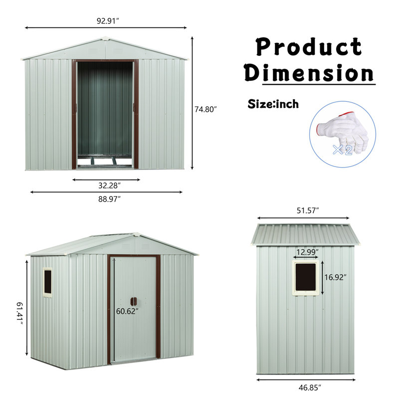 Outdoor Metal Storage Shed, 74.8" H x 88.98" W x 46.85" D, Mint