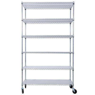 Étagère grillagée en métal à 6 niveaux d'une capacité de 6 000 lb NSF, support de rangement réglable robuste avec roulettes et doublure de tablette pour support utilitaire en acier de qualité commerciale, chrome - H 84 po x L 48 po x P 20 po