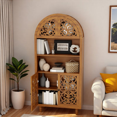 Vintage Arched Carved Wood Bookcase With Open Display Shelves, Enclosed Storage Compartments And Hollow-carved Doors