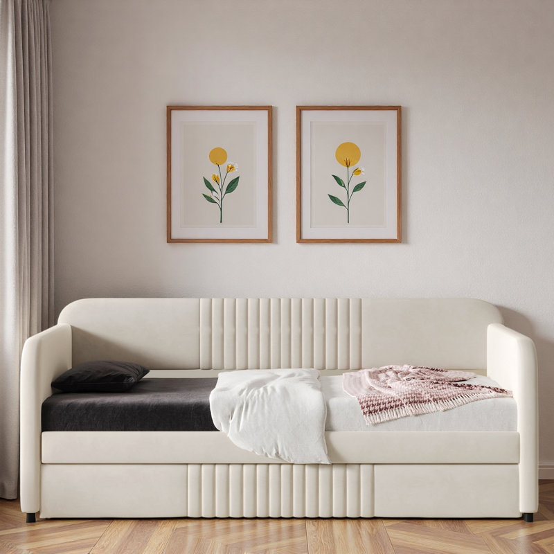 Upholstered Daybed With Trundle And Wood Slat, Beige