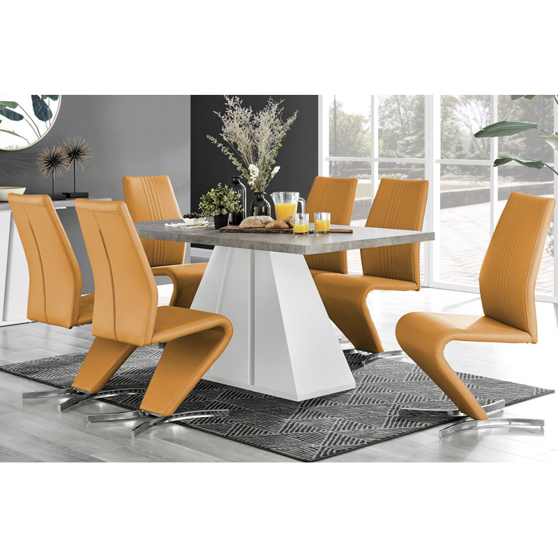 Athena Modern Marble Effect & High Gloss Dining Table Set with 6 Modern Faux Leather Dining Chairs, Mustard, Grey