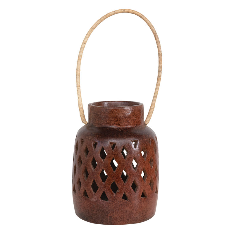 Handmade Terra-Cotta Lantern With Cut-Outs And Rattan Wrapped Handle, Reactive Glaze