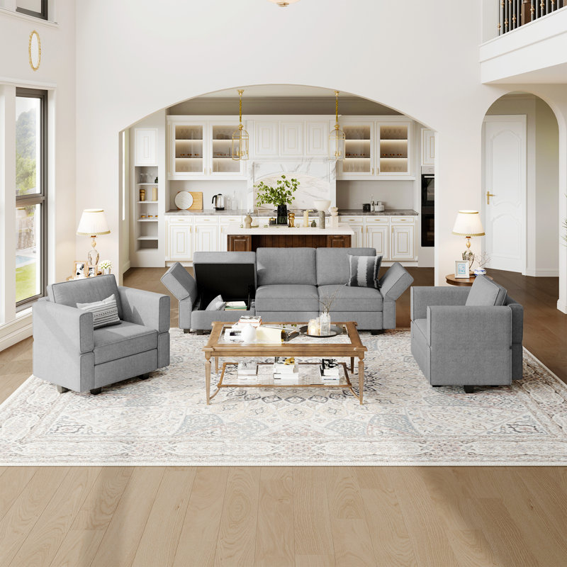 Ensemble de canapé modulaire en mélange de polyester 3 pièces Kimbrel, Gris clair