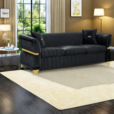 Modern Sofas, 83.5 Inch Black Velvet Gold Metal Trim For Home
