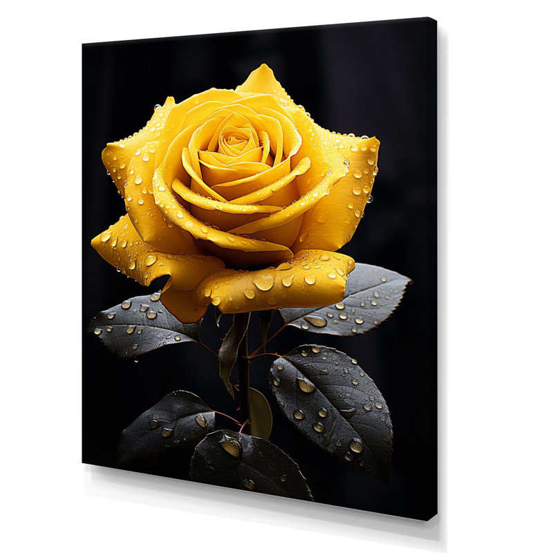 Danail, jaune, noir, rose, élégance III - fleurs, art mural, H 20 po x l 12 po x P 1 po, Toile tendue