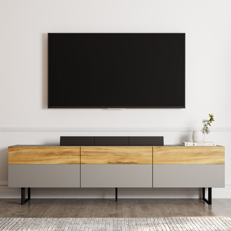 Modern Scandinavian TV Stand, Grey & Oak, 70.9 x 19.3 x 14.6 inches | 100% Melamine Coated Particle Board, Thickness: 0.7 inches | Multiple Shelves, Wall-Mountable, Stylish & Functional Design for Living Room & Entertainment Spaces