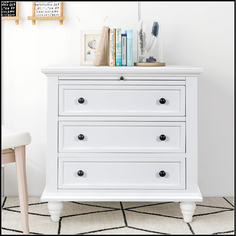 Armoire de rangement en bois à 3 tiroirs, table de bout avec plateau coulissant et tissage en rotin, Blanc
