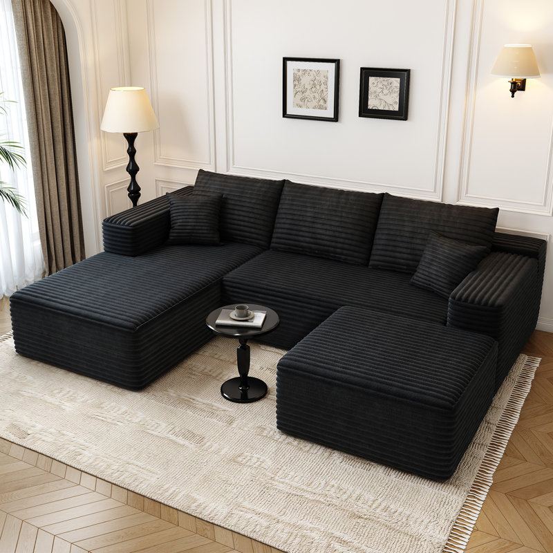 Canapé modulaire 107,5 po avec 1 repose-pieds Cloud, Tissu velours côtelé noir, Orienté à gauche (vu de face)