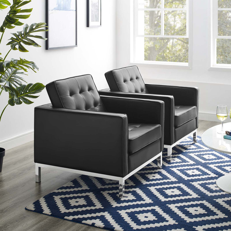 Loft Tufted Vegan Leather Armchairs -, Black Faux Leather