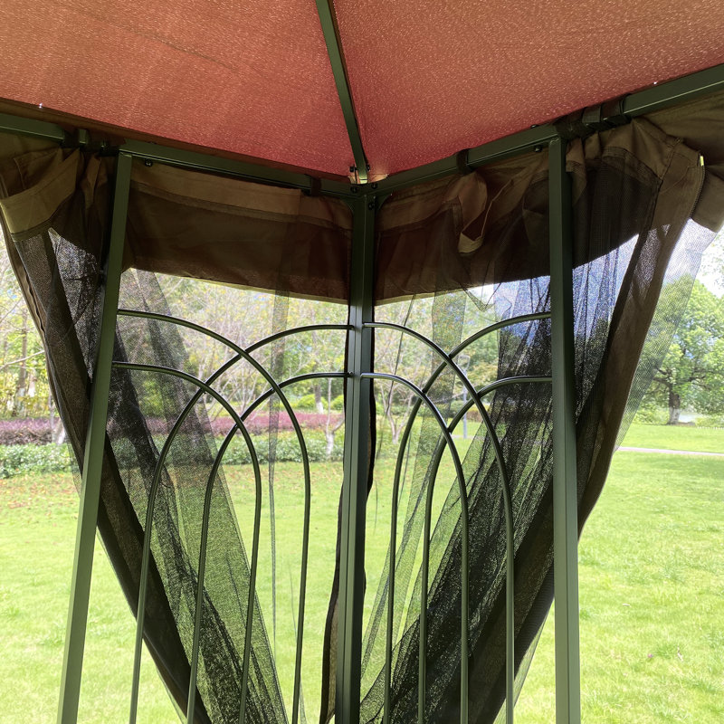 10X10 Patio Gazebo Canopy, With Water- Fabric And Insect Net, For Lawn, Deck, Brown Tent Double Ventilated Roof Mesh Screen, Garden, Backyard, Rustproof