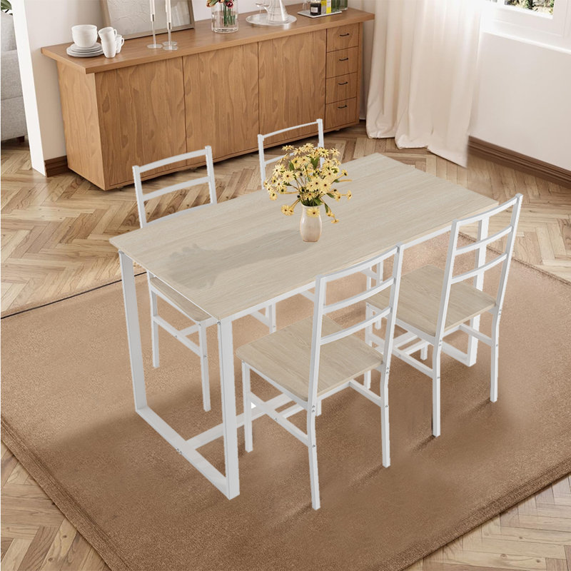 Dristi 4 - Person Double Pedestal Dining Set, Oak Wood, White, White/Oak