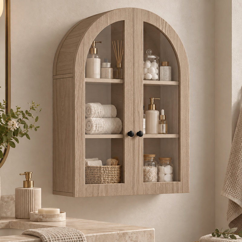 Armoire murale moderne de style ferme avec porte vitrée cintrée et étagère réglable, idéale pour salle de bain, buanderie et entrée.