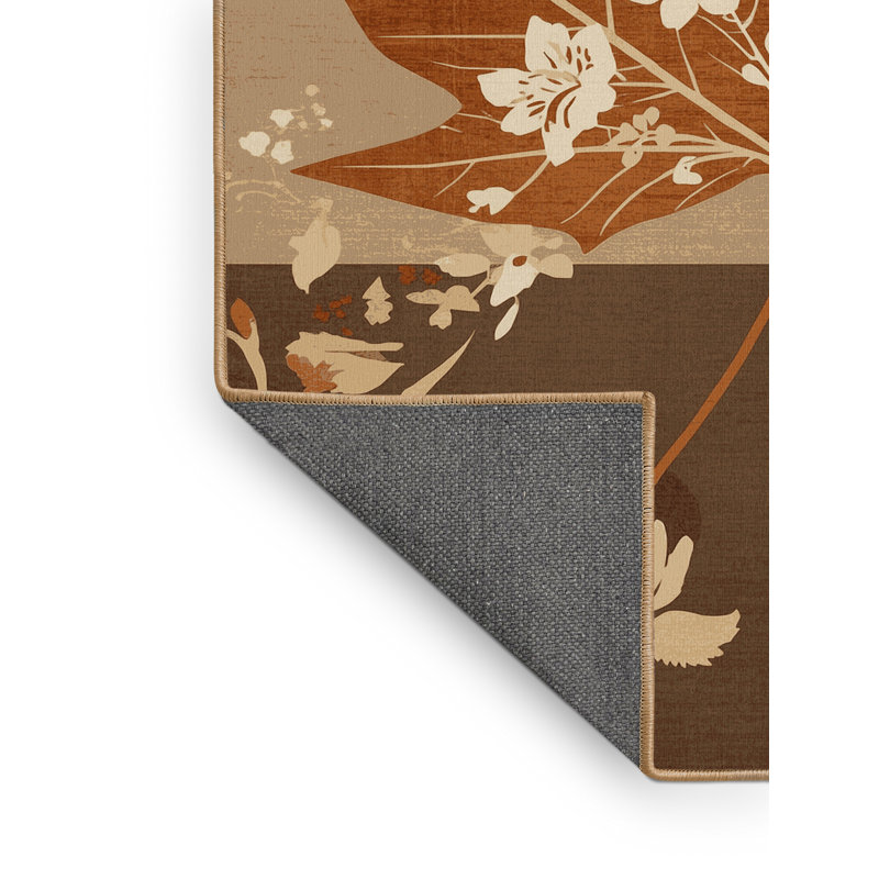 Tapis floral moelleux et moelleux à motif feuille d'érable en brun - reliure brun clair, 4 x 2