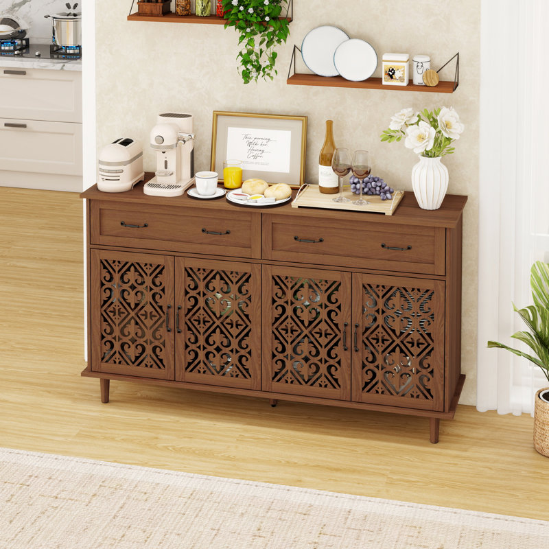 Vintage Sideboard Buffet Cabinet With Hand-Carved Hollow Doors, Distressed Light Wood Finish, Ample Storage For Living Room Elegance