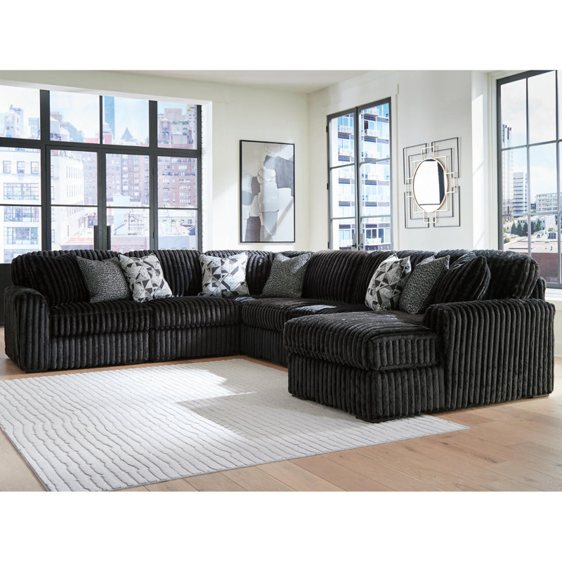 Canapé modulaire avec méridienne 6 pièces Irie, Polyester noir, 40" H x 122" W x 151" D, Orienté à gauche (vu de face)