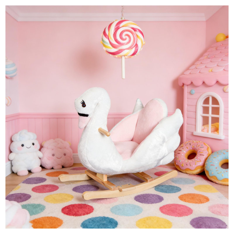 Cheval à bascule rose et blanc en peluche avec cadre en acier