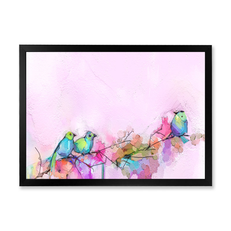 Pinceau rose et oiseaux mauves - reproduction sur toile avec cadre flottant, Cadre noir, H 24 po x l 36 po x P 1 po