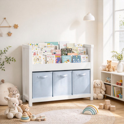 Kids Toy Storage Cabinet with Front-Facing Bookshelf and 3 Removable Fabric Bins, Wooden Children Book Organizer, Toy Chest for Nursery, Kids Bedroom, Playroom