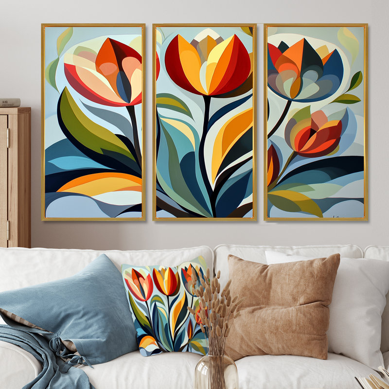 «Green Mid Century Mod Nature Tulip I», ensemble de décorations murales abstraites de style Mid-Century