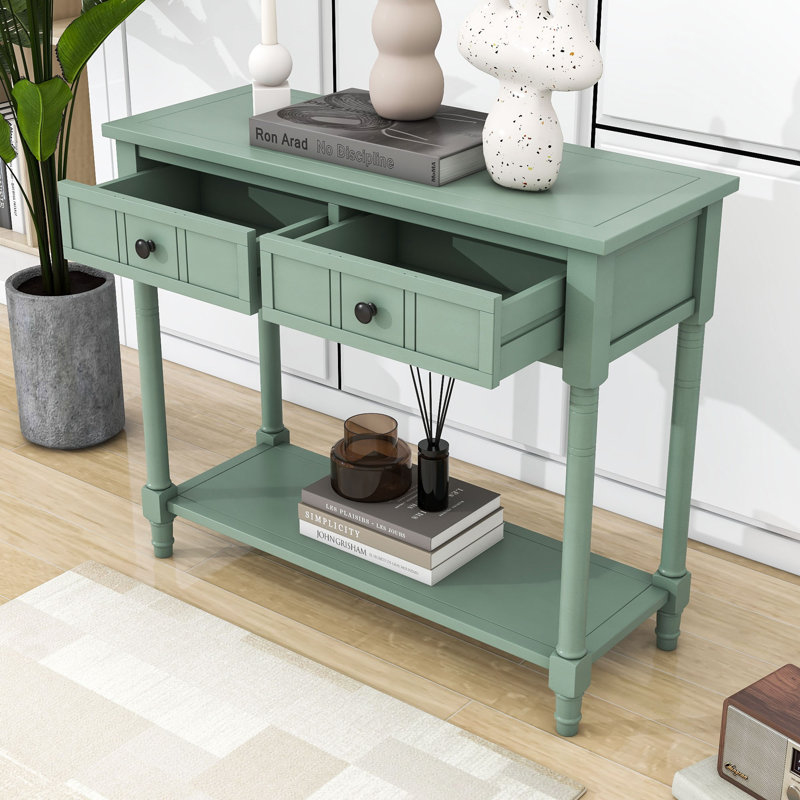 Charmie Wooden Console Table with Two Drawers and Open Shelf for Living Room, Retro Blue
