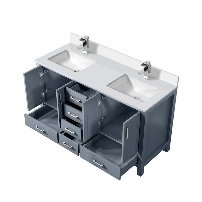 Meuble-lavabo double gris patiné 60 po X P 22 po D, dessus en quartz blanc et ensemble de robinet, Gris