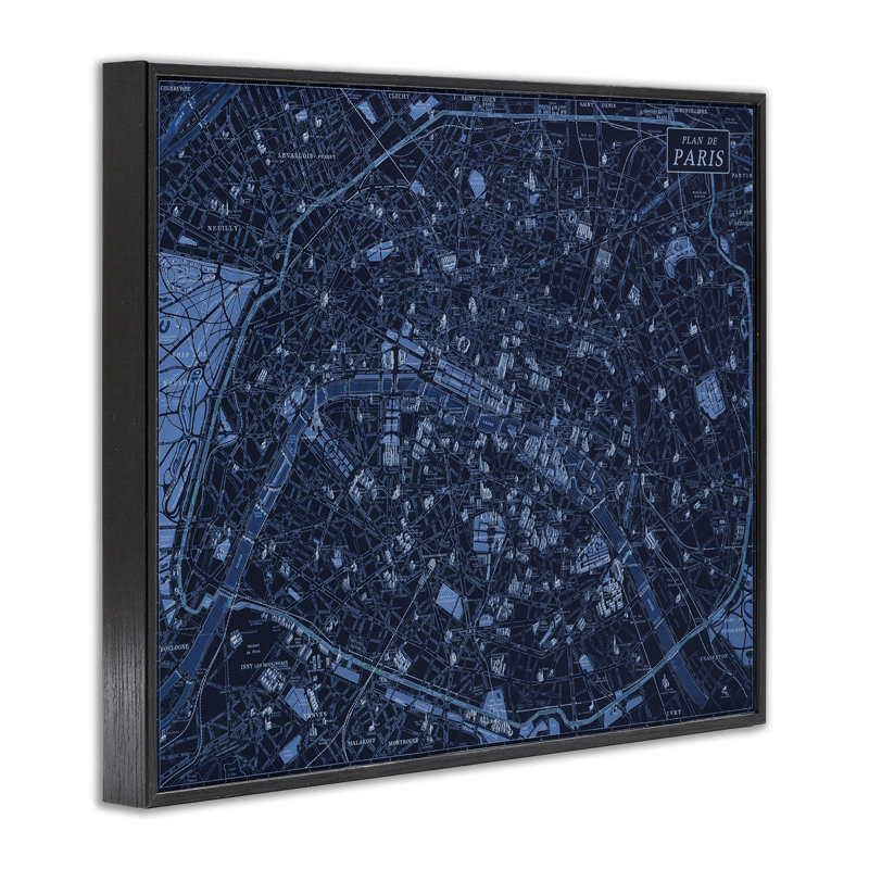Giclée bleue détaillée de la carte de Paris, design par Phillipa Katz, H 24 po x l 30 po, Giclée encadrée noir minuit