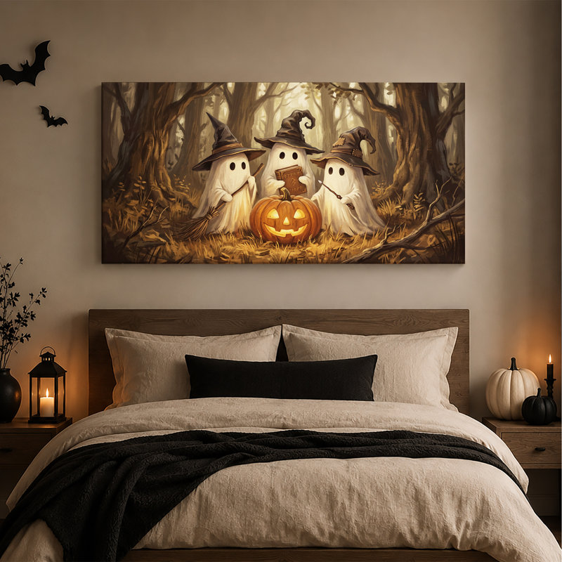 «Three Ghost Witches with Glowing Pumpkin In Halloween», art mural sur toile, L 46 po x H 24 po
