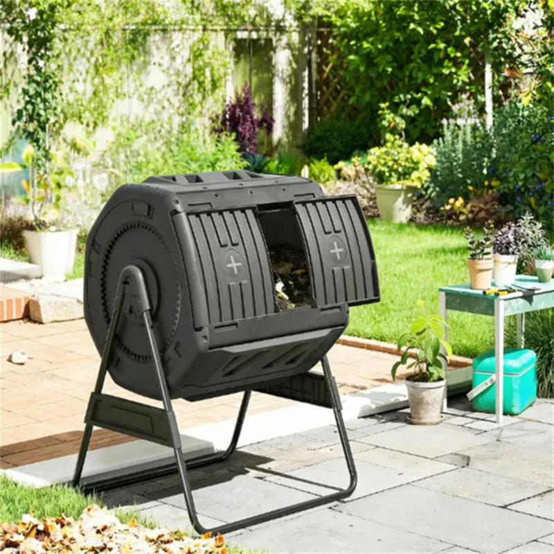 Black Dual‑Chamber Rotating Outdoor Compost Bin, 360° Tumbling Composter with Adjustable Vents & Metal Base